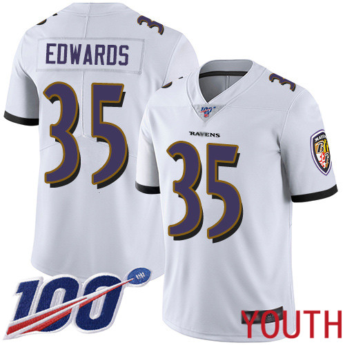 Baltimore Ravens Limited White Youth Gus Edwards Road Jersey NFL Football #35 100th Season Vapor Untouchable->nfl t-shirts->Sports Accessory